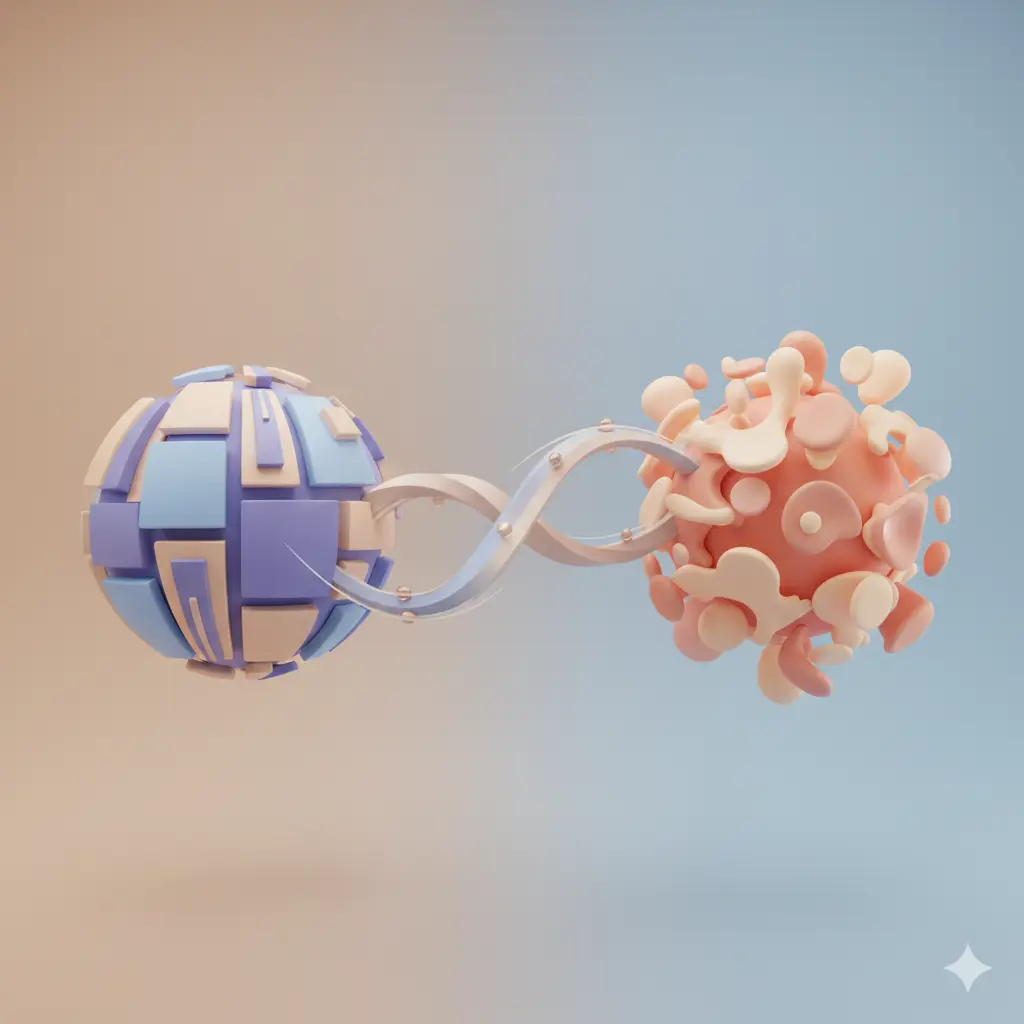 Twee verschillende abstracte werelden verbonden door transformerende brug symboliseren mock interview culturele verschillen