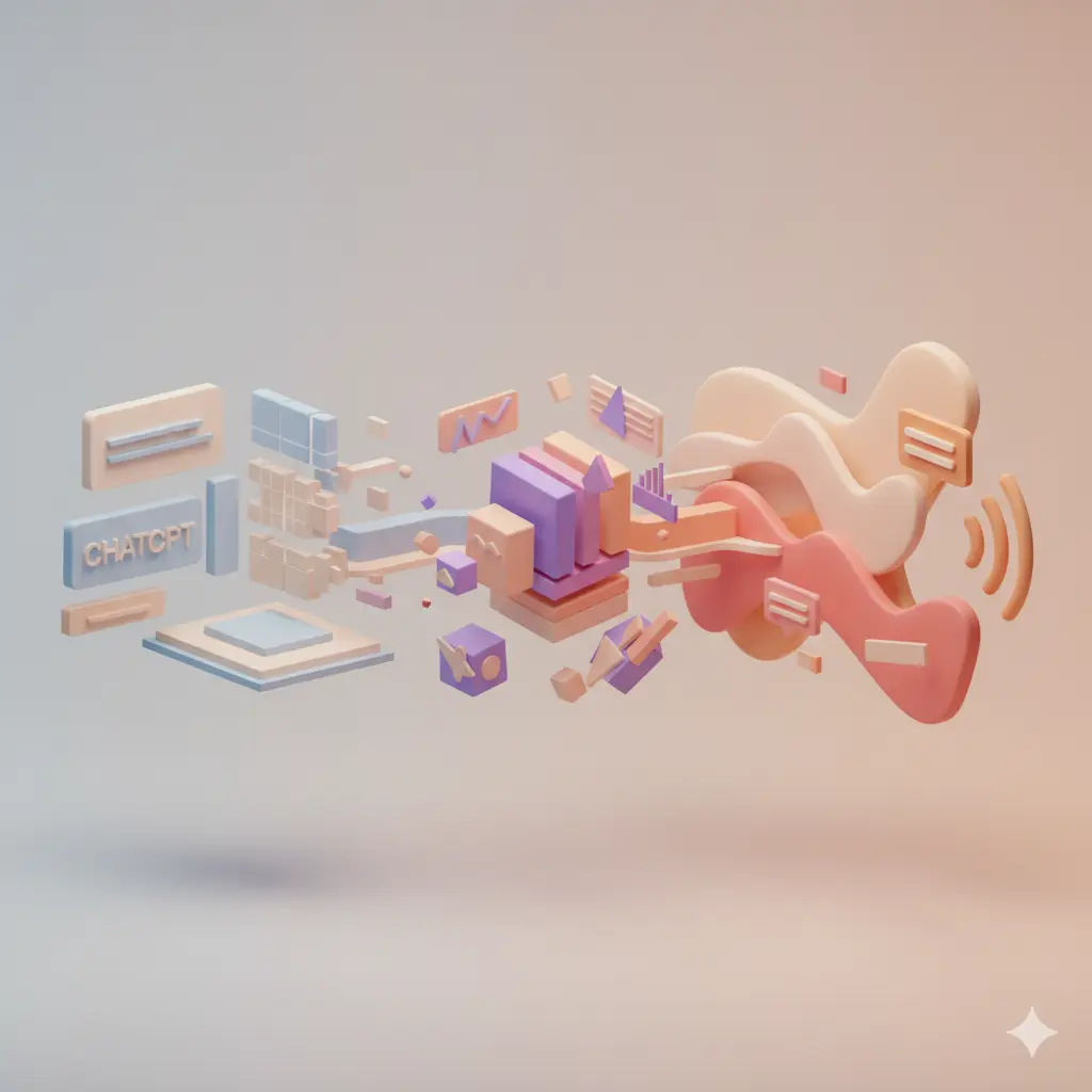 Abstracte vergelijking van AI sollicitatietools met transformatie van tekst naar spraakgebaseerde coaching in pastelkleuren