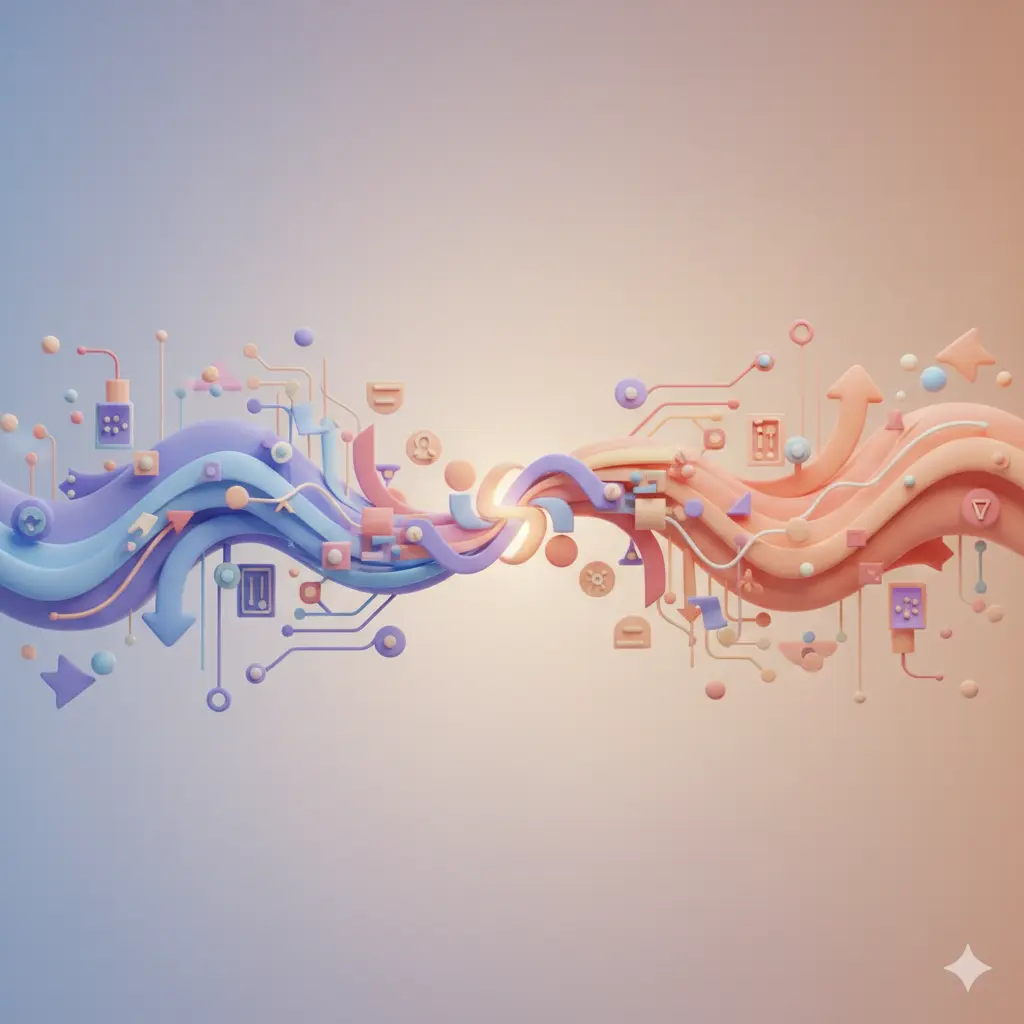 ALT Text: Abstract 3D illustratie toont IT en sales als twee stromingen die samenkomen, symboliseert sector-specifieke voorbereiding