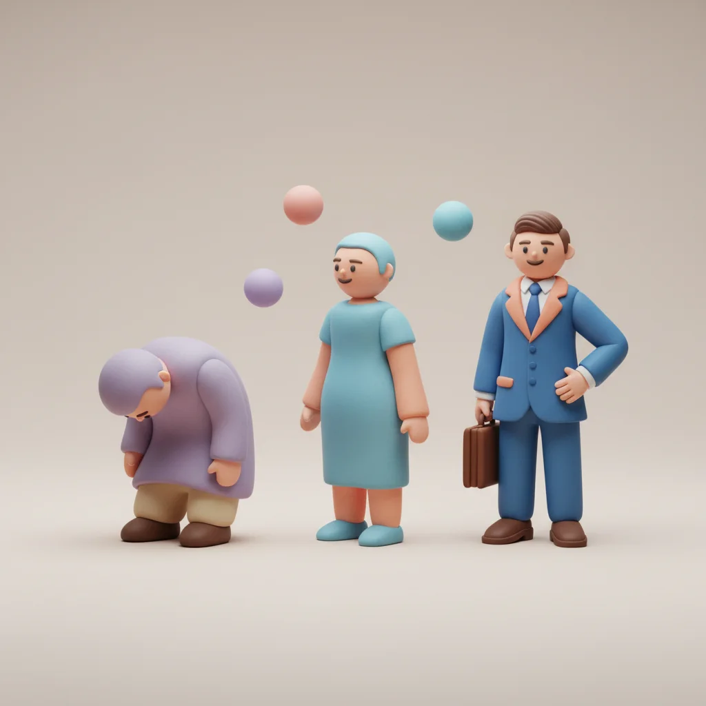 Teleurgestelde figuur transformeert naar zelfverzekerde professional, symboliseert interview opgezegd overwinnen