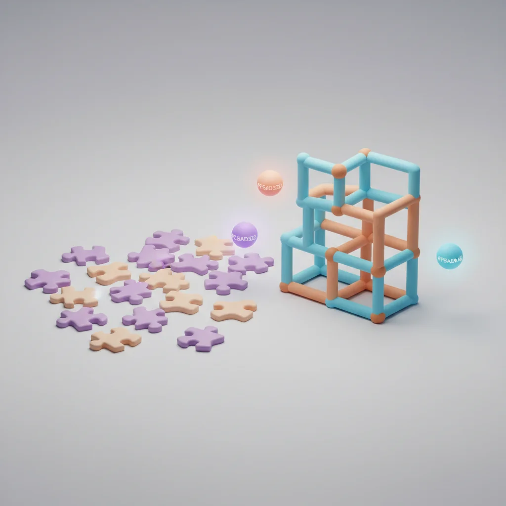 Verspreide puzzelstukjes transformeren naar georganiseerd raamwerk, symboliseert STAR methode interview voorbereiding