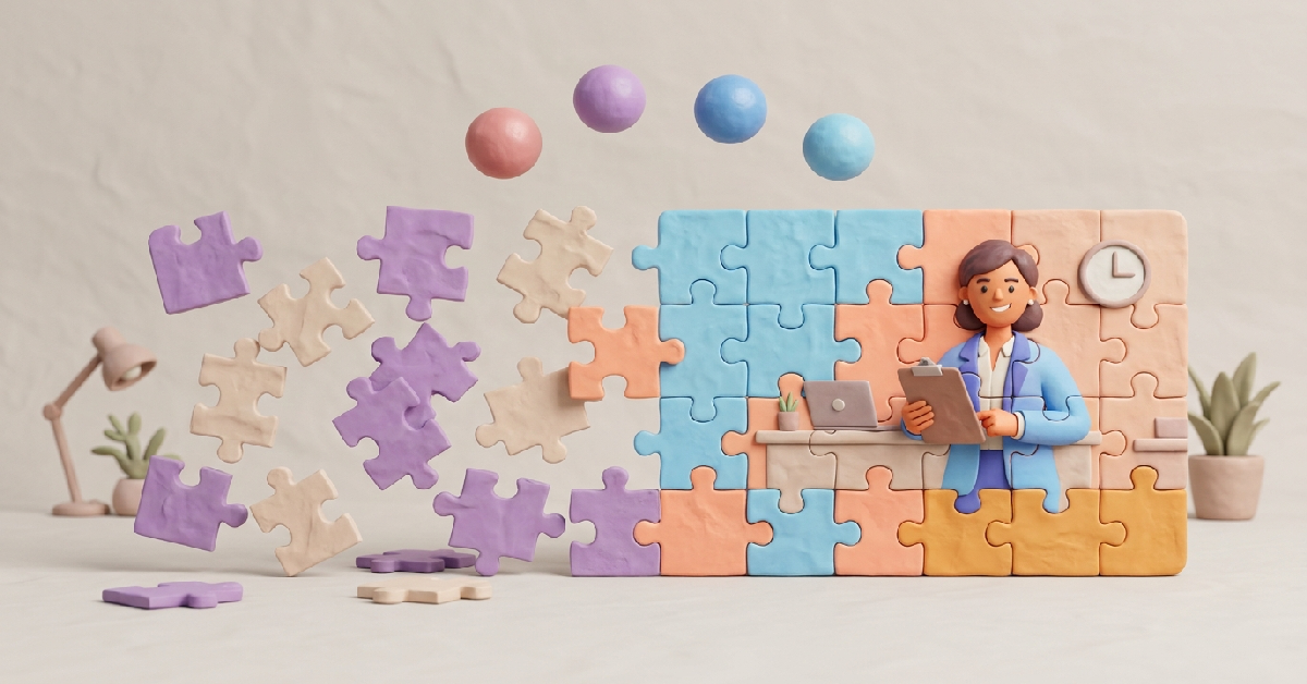 Verspreide puzzelstukken vormen een compleet professioneel figuur, symboliseert interview voorbereiding proces