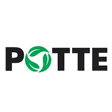 Logotipo da marca POTTE com a letra O representada por um círculo verde com folhas estilizadas.