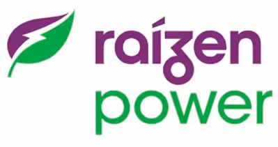 Logotipo da Raízen Power com uma folha verde e um raio roxo ao lado do texto.