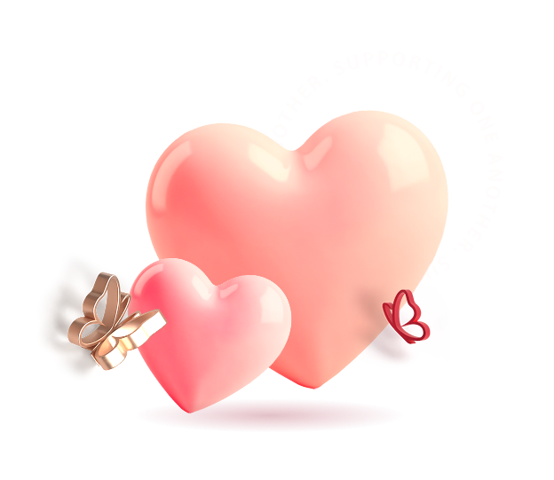 Two glossy pink hearts of different sizes with text curved around saying 'Supporting one another.'