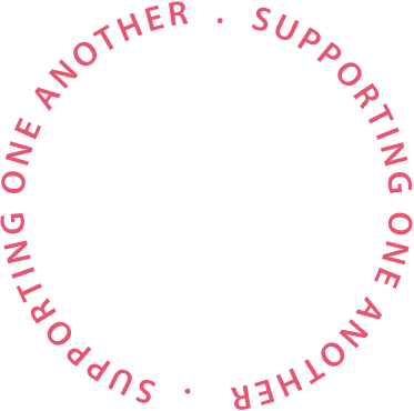 Circular pink text which rotates and reads 'Supporting one another' repeated twice around the circle with dots separating the phrases.