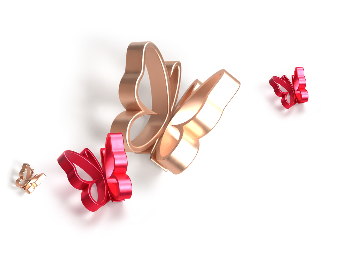 Three 3d butterflies in rose gold and red, arranged diagonally with soft shadows.