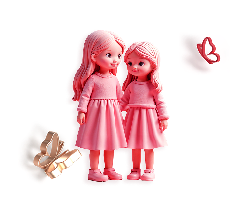 Two smiling girls with long hair wearing matching pink dresses and shoes standing side by side, with butterfly shapes nearby.