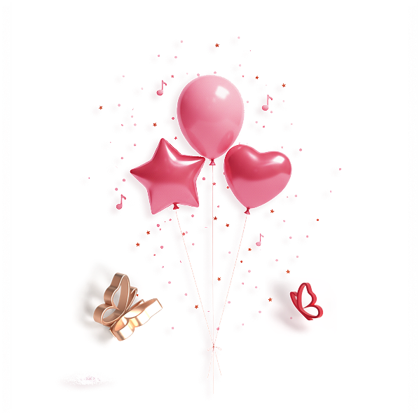 Three pink balloons shaped like a star, a heart, and a round balloon, surrounded by butterflies.