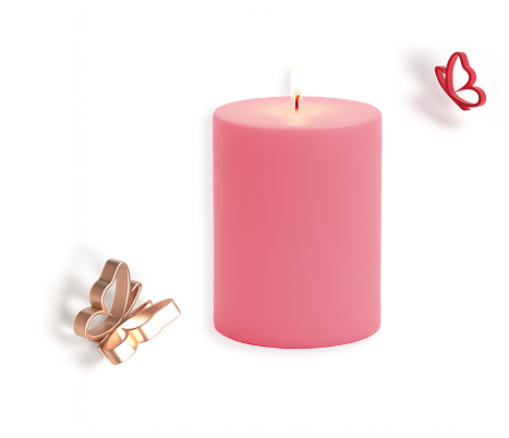 Lit pink cylindrical candle with two decorative metallic butterflies.