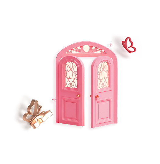 Open pink double doors with decorative windowpanes and two stylized butterflies nearby.