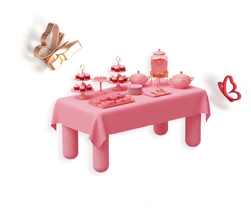 Pink table set with cupcakes, cookies, plates, teapots, and a glass beverage dispenser.