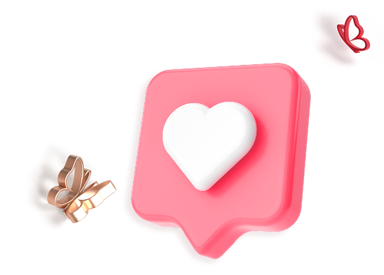 Pink 3D speech bubble with a white heart icon, accompanied by two rose gold butterfly shapes.
