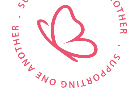 Pink line drawing of a butterfly surrounded by the words 'Supporting one another' repeated in a circular pattern.