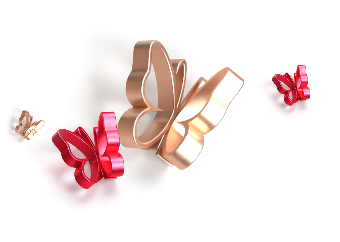 Three metallic butterflies in gold and red colors on a white background.