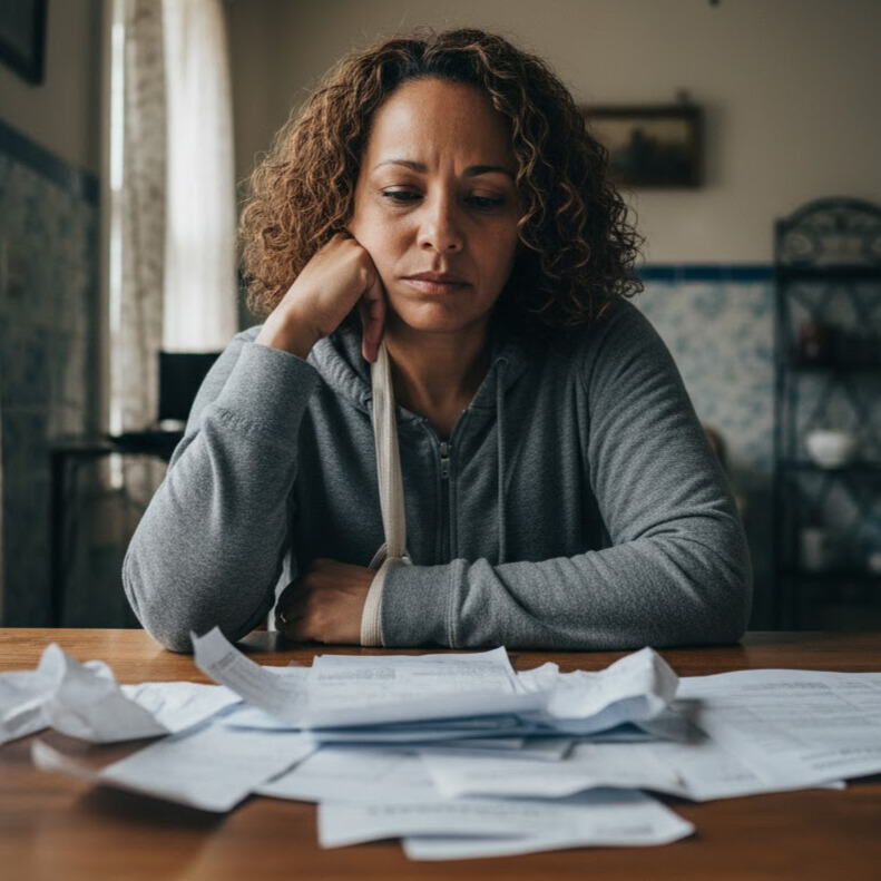 a woman sitting at her dining room table staring down at a pile of bills, frustrated.