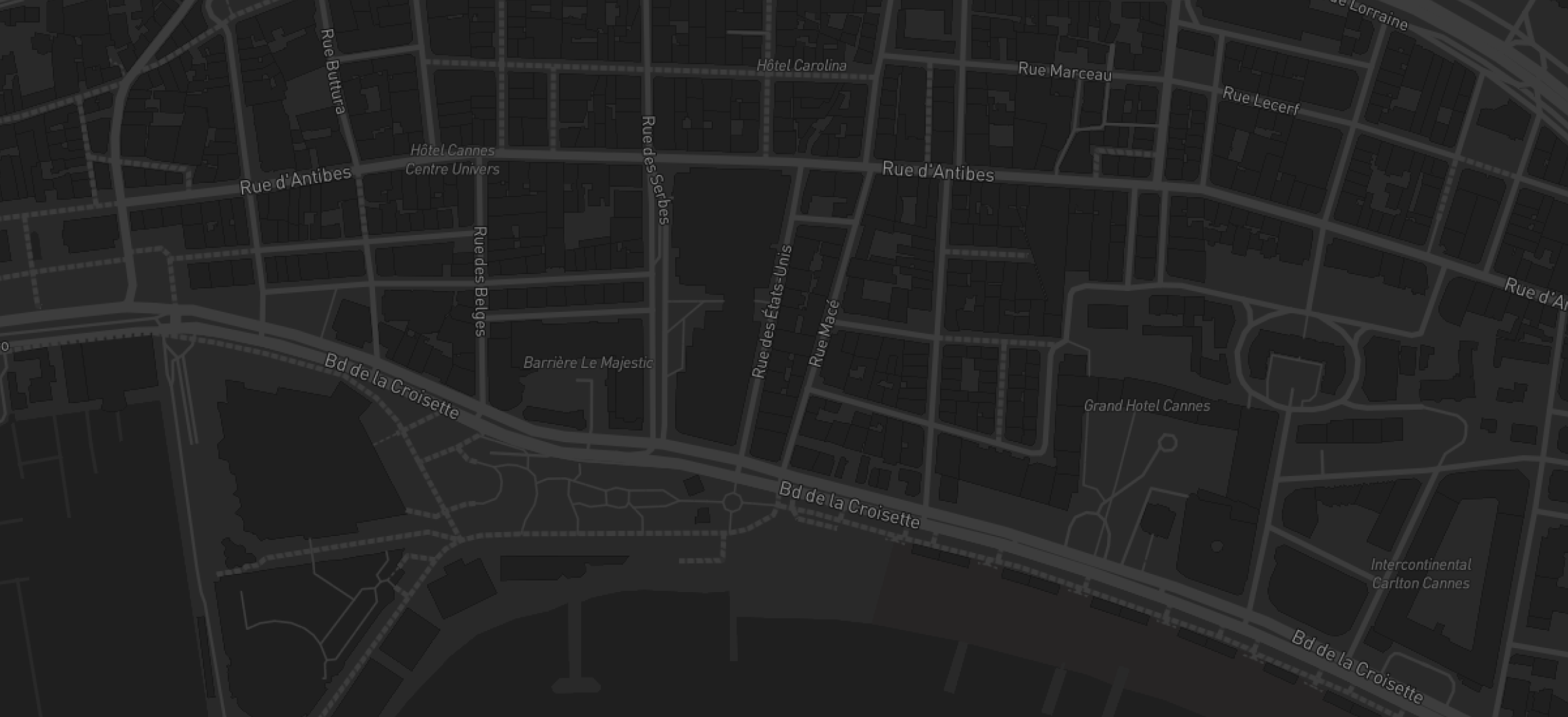 Dark-themed city map showing streets and landmarks including Bd de la Croisette, Rue d'Antibes, Grand Hotel Cannes, and Intercontinental Carlton Cannes.