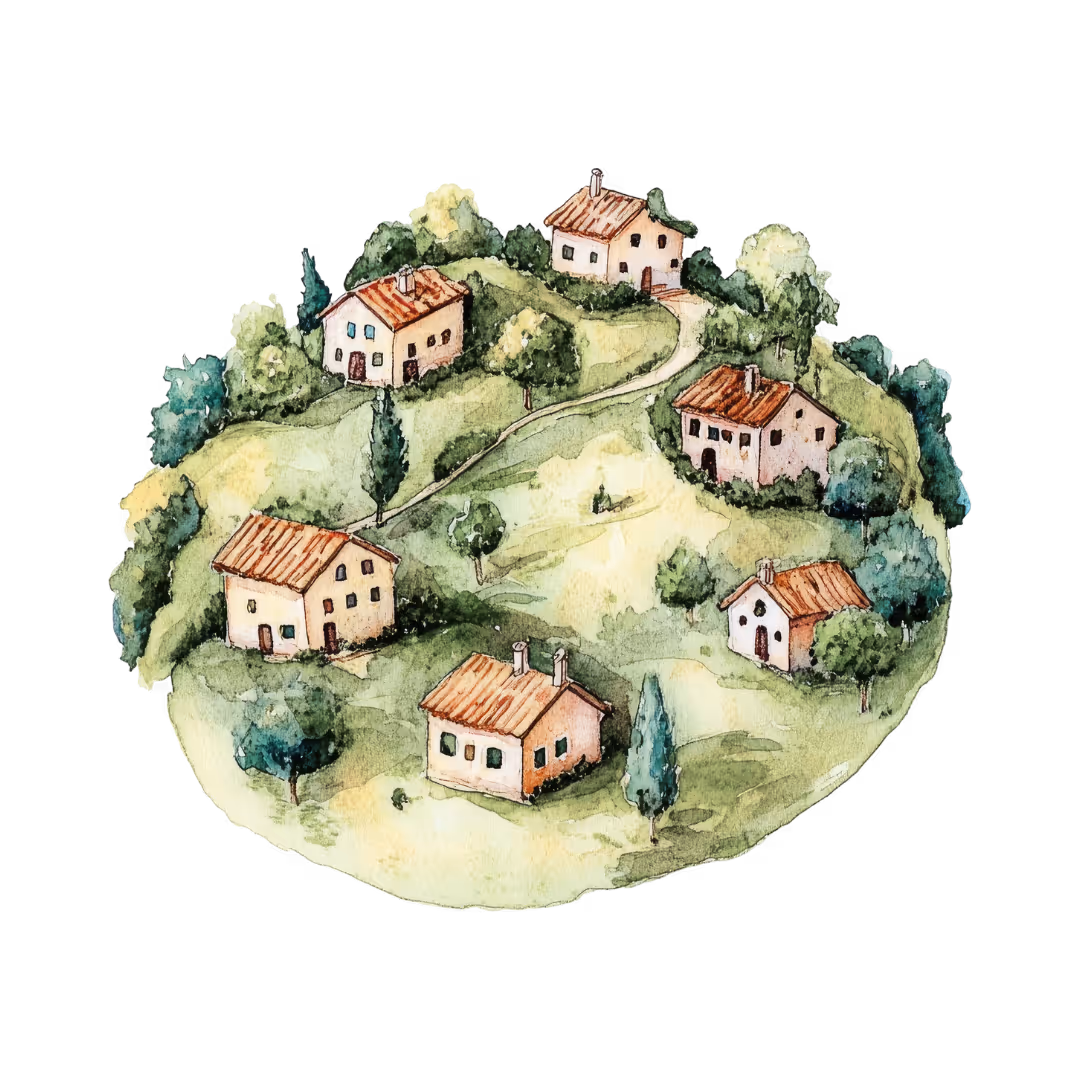 a watercolor art of a small village