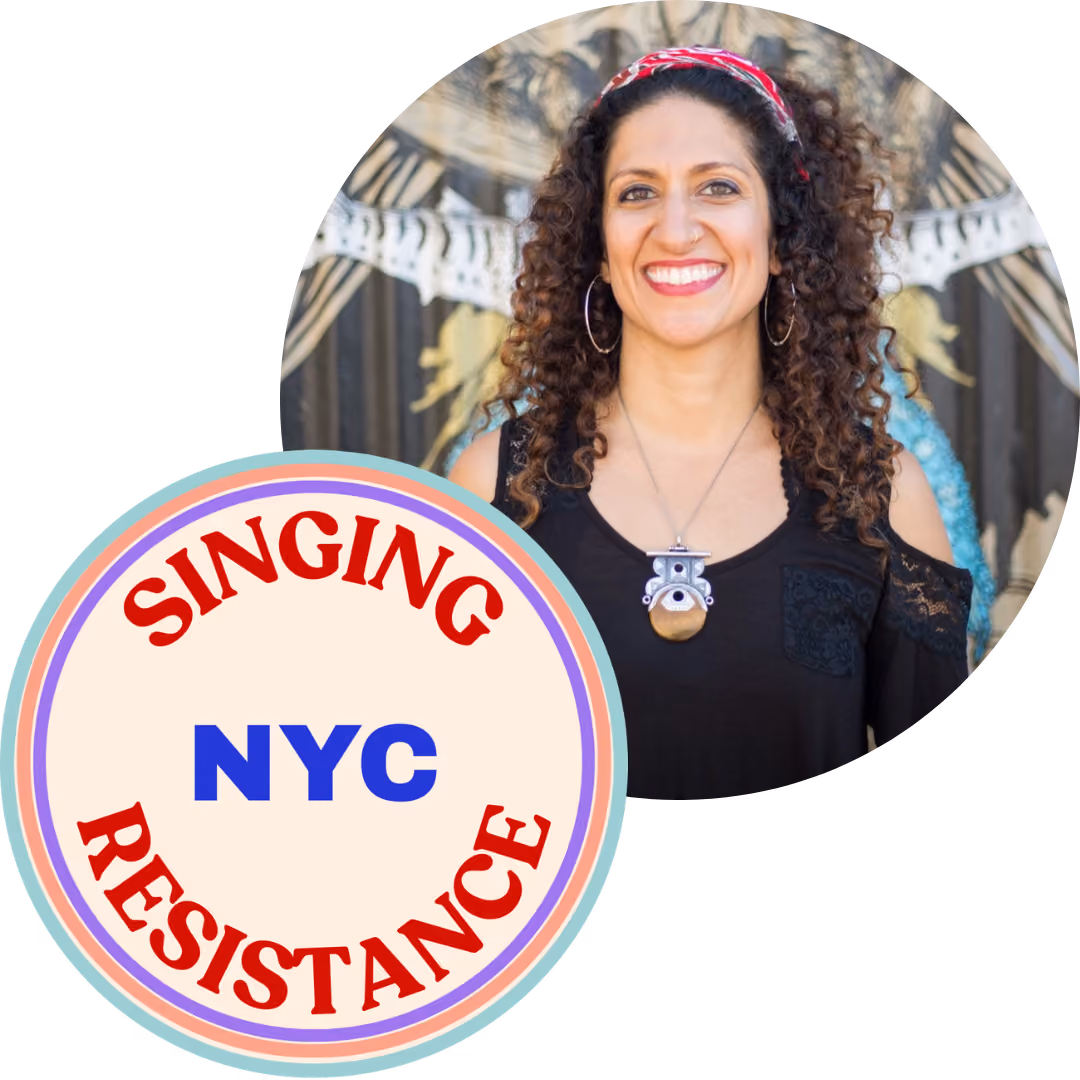 a photo of Lydia violet and NYC singing resistance logo
