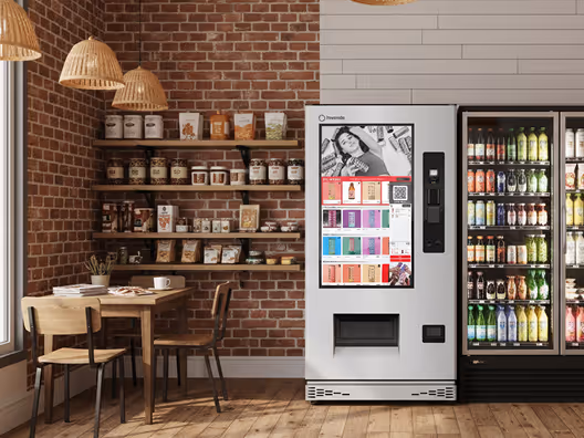 Modern vending machine with touchscreen interface next to refrigerated display case in a cozy café with brick walls and wooden furniture.
