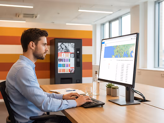 Man in a blue shirt working on a desktop computer displaying a map and data in a modern office with large windows.