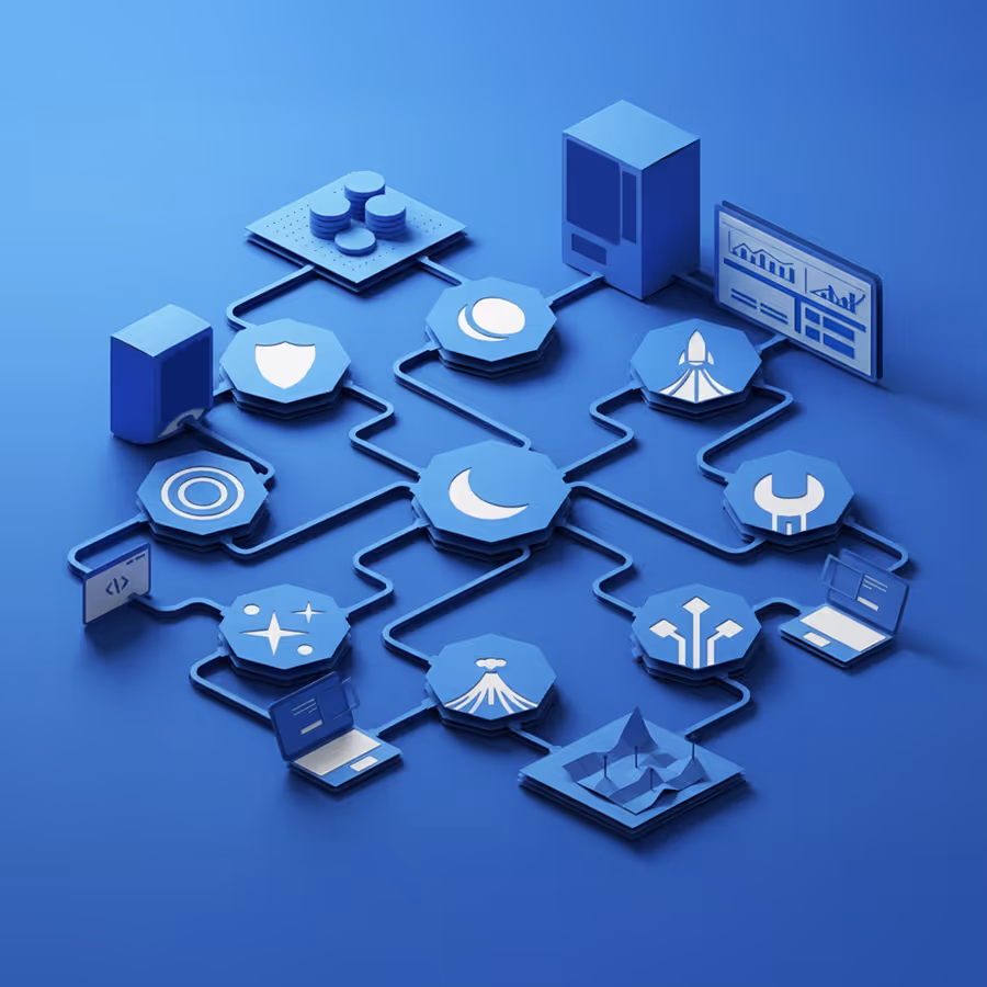 Blue-toned 3D network diagram with interconnected hexagonal nodes featuring icons such as a shield, rocket, wrench, moon, planet, star, and data charts, symbolizing technology and data integration.