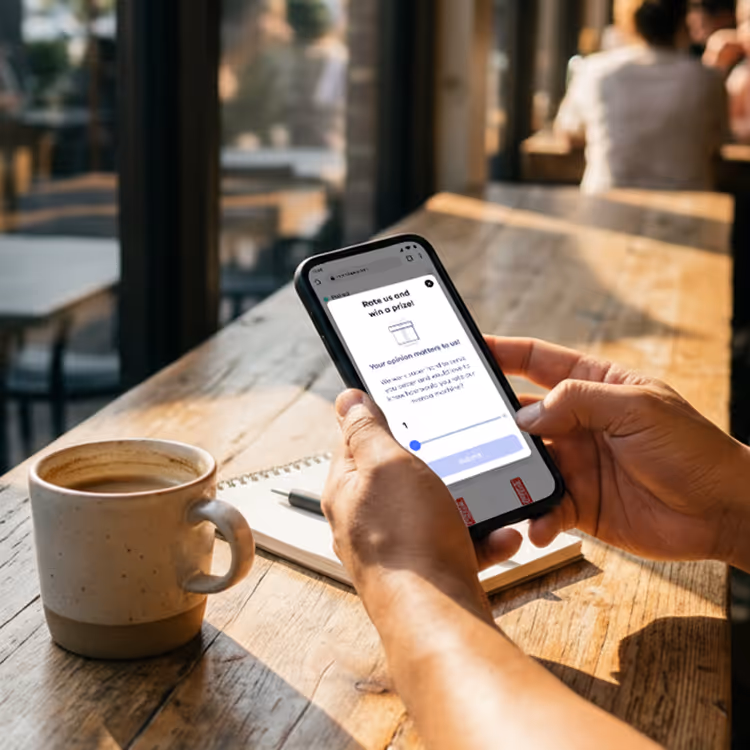 Person holding a smartphone showing a feedback form titled 'Rate us and win a prize' at a wooden table with a coffee cup and notebook nearby.