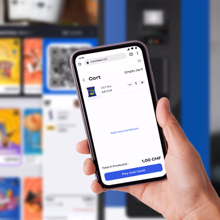 Hand holding smartphone displaying an online shopping cart with one Doritos bag and a 'Pay and Vend' button on screen.