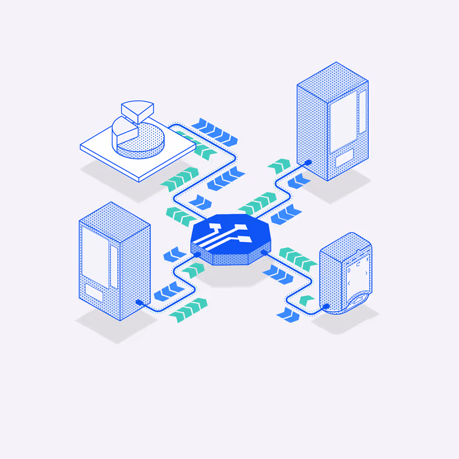 Diagram showing a central hub connected to four devices with bi-directional blue and green arrows representing data flow.