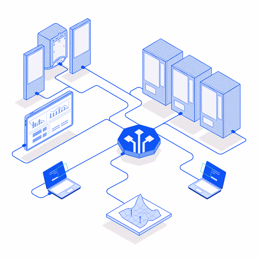 Isometric illustration of a Lyra hub connecting laptops, servers, digital displays, and data analytics devices.