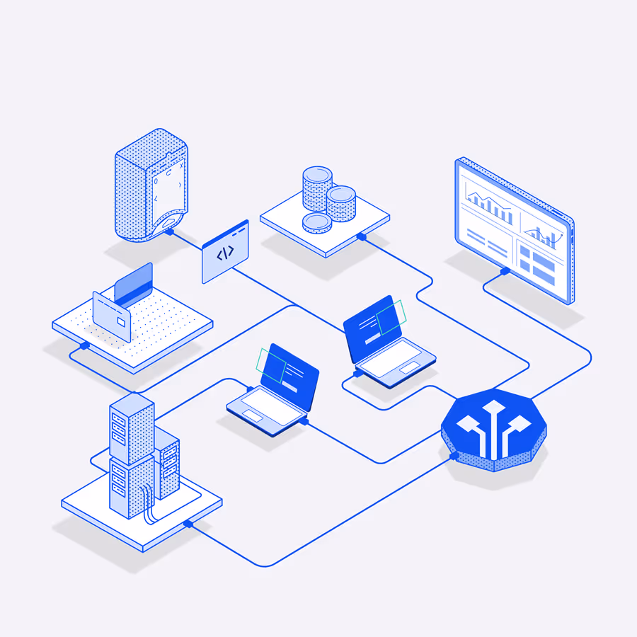 Isometric illustration showing interconnected technology elements including servers, laptops, a database, a credit card, a coding symbol, and a dashboard screen.