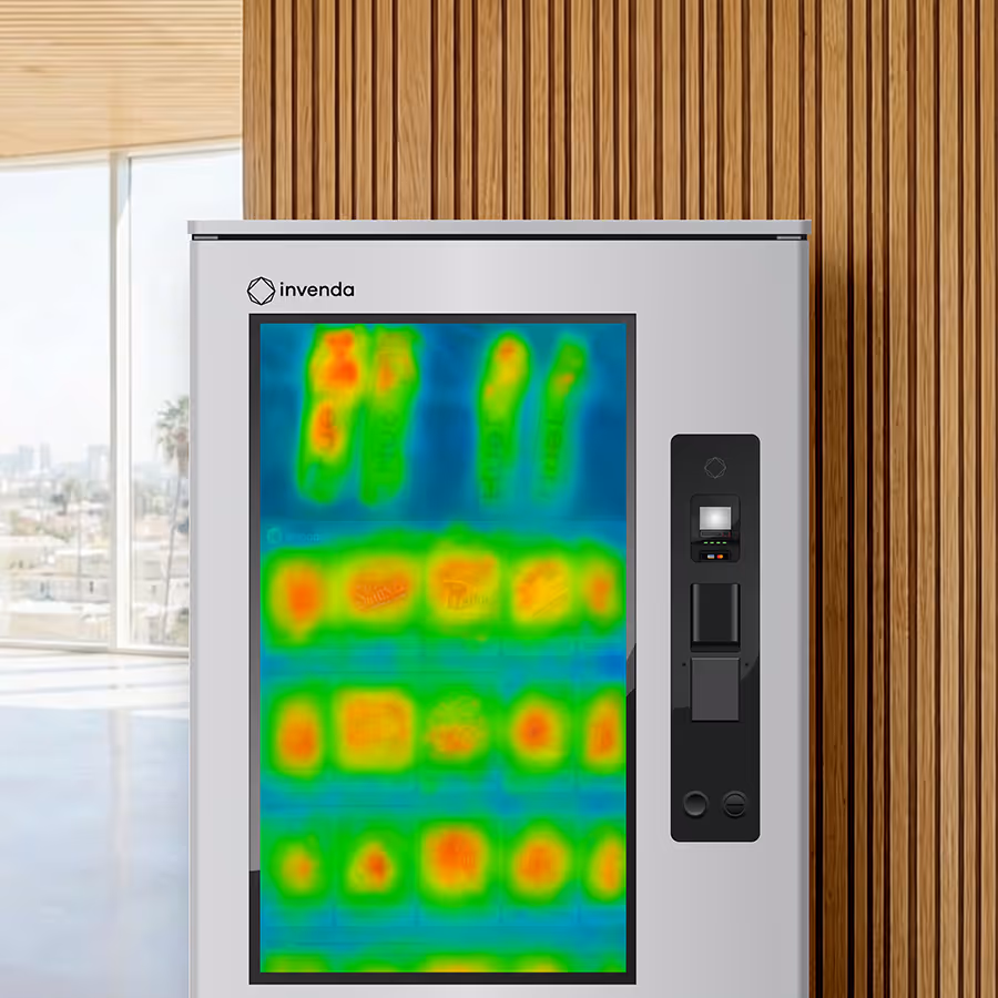 Vending machine with a heatmap overlay on the product display indicating areas of interest or interaction.