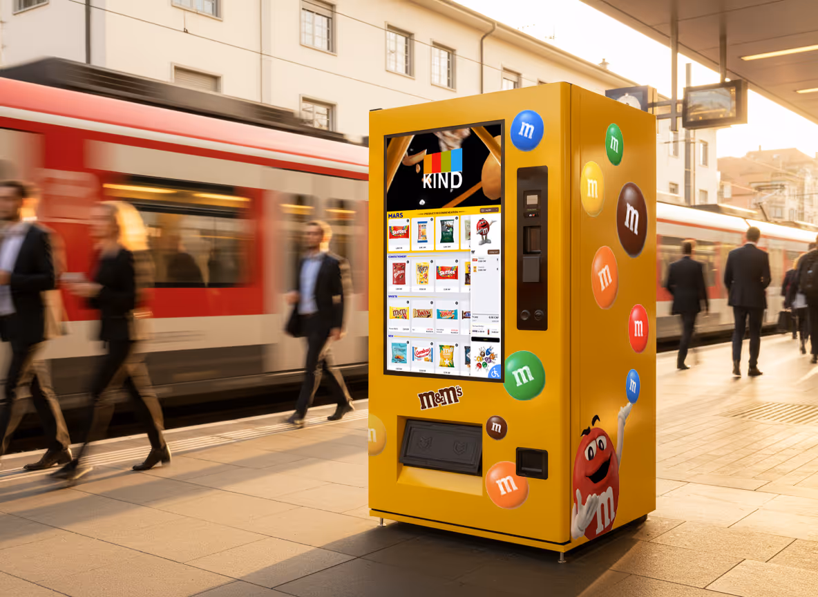 Yellow M&M's vending machine with a touchscreen display at a train station platform with commuters and a train in the background.