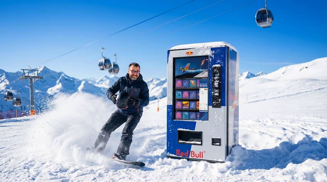 Man snowboarding near a Red Bull vending machine on a snowy mountain with ski gondolas in the background.