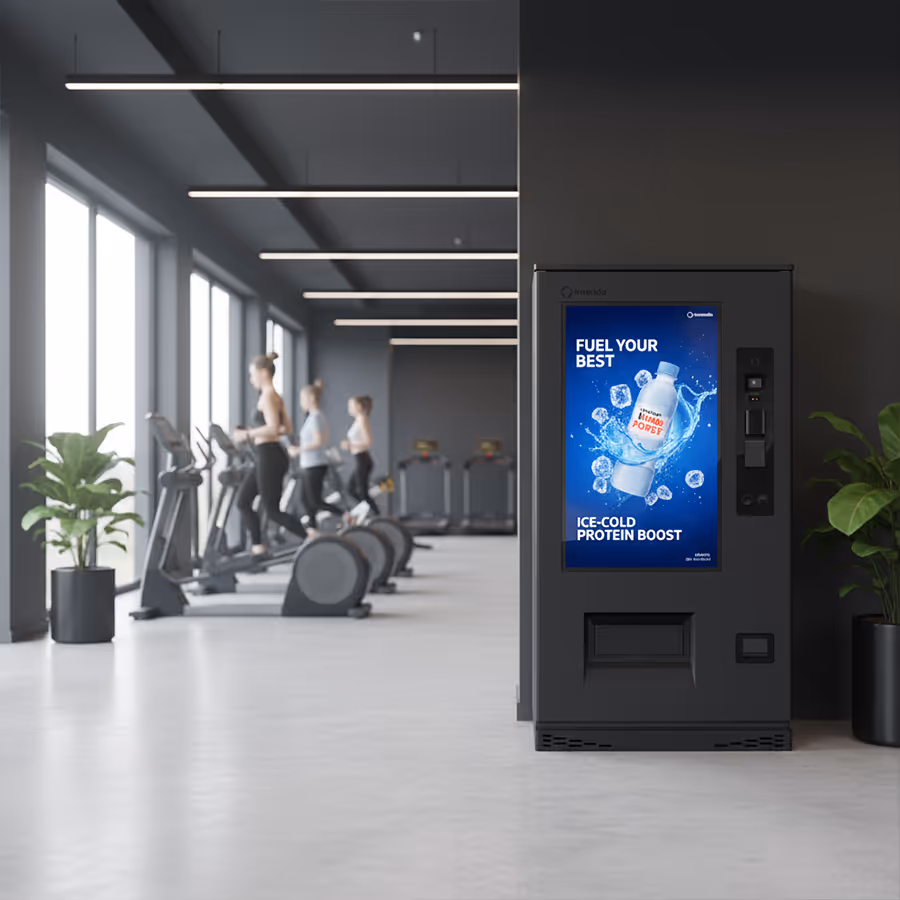 Modern gym with people running on treadmills and a vending machine displaying a protein drink advertisement.