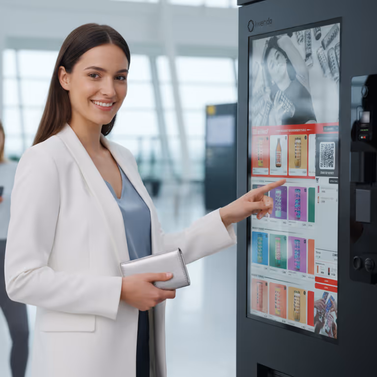 Smiling woman in white blazer using touchscreen vending machine indoors, holding a silver wallet.