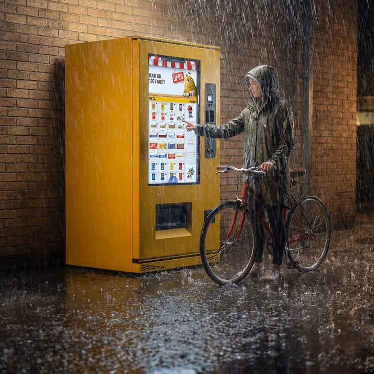Person in a raincoat with a bicycle using a yellow vending machine outdoors in heavy rain at night.