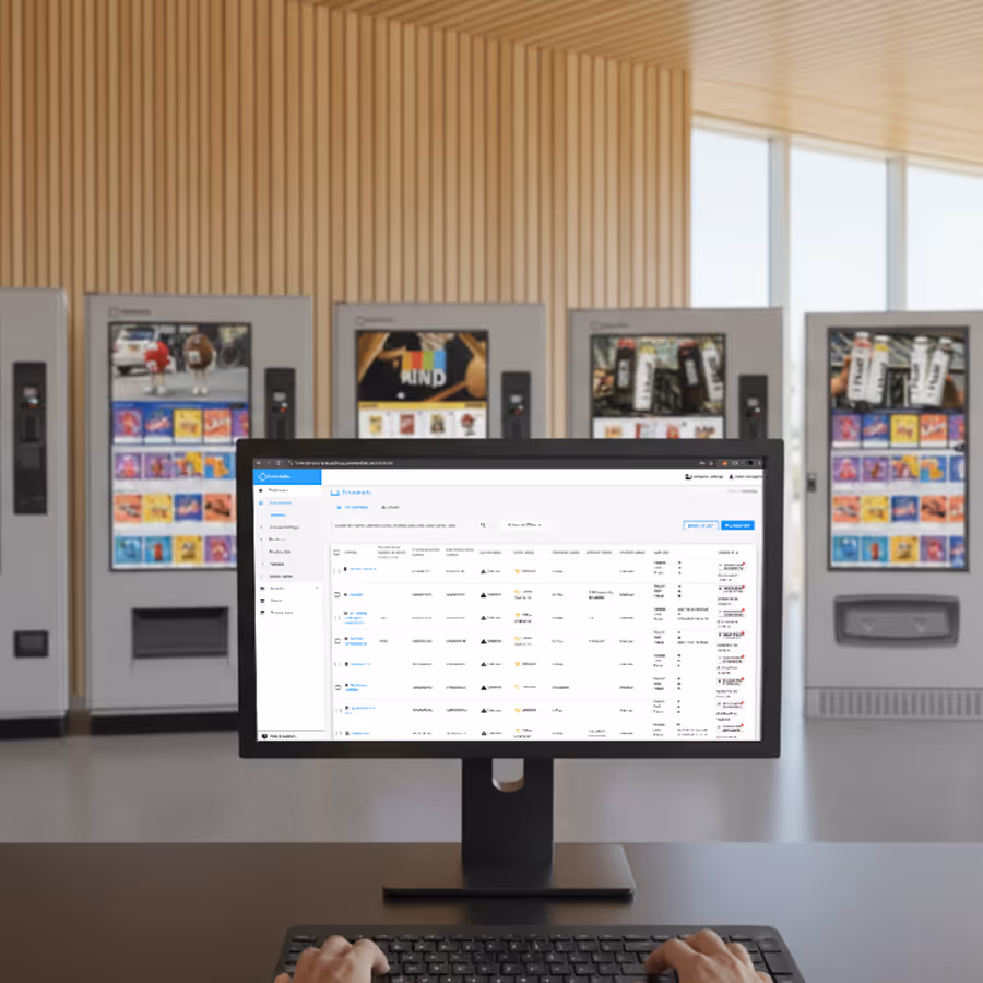 Person using fleet management software on a computer in front of vending machines in a bright room with wooden walls.