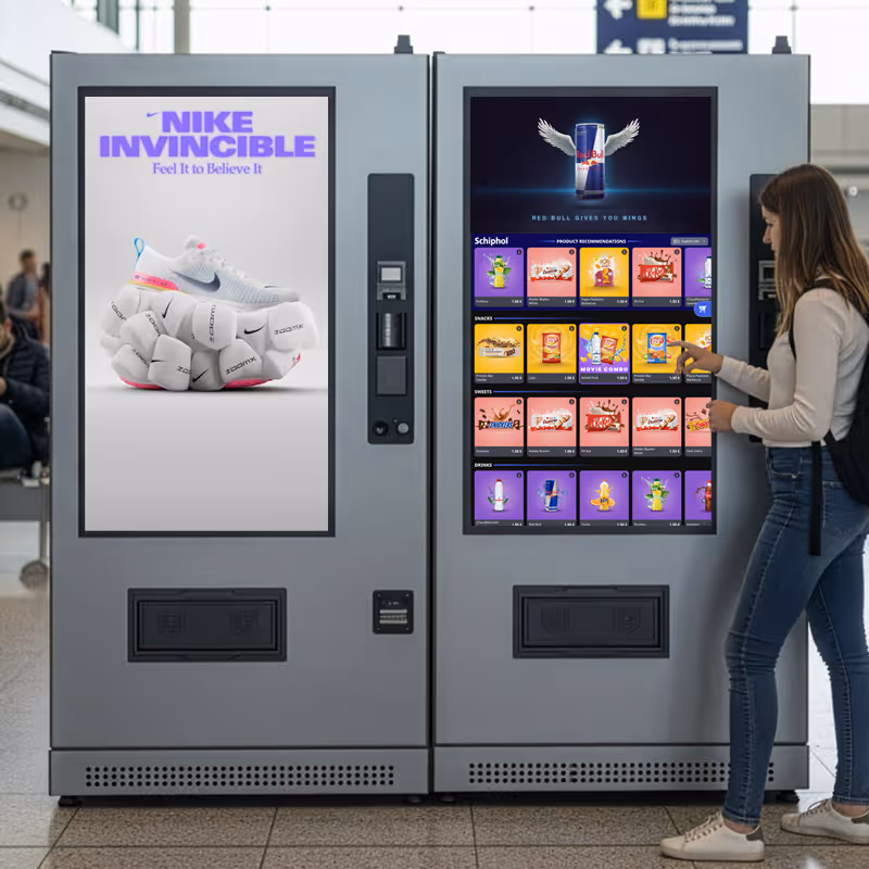 Two Smart Vending Machines with big displays, side by side, with a person interacting with the right machine. Left display is showing a Nike advertising video, right screen is showing a product grid and horizontal video above that.