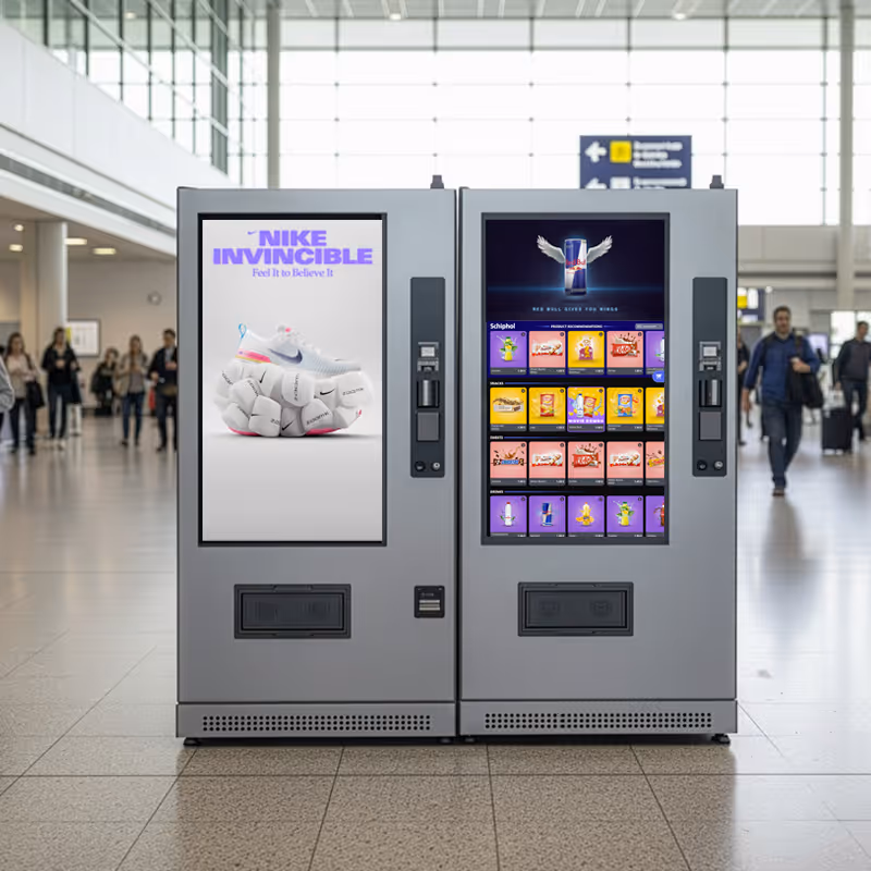 Two Smart Vending Machines with big displays, side by side, in a train station, people walking in the background, bright athmosphere. Left display is showing a Nike advertising video, right screen is showing a product grid and horizontal video above that.