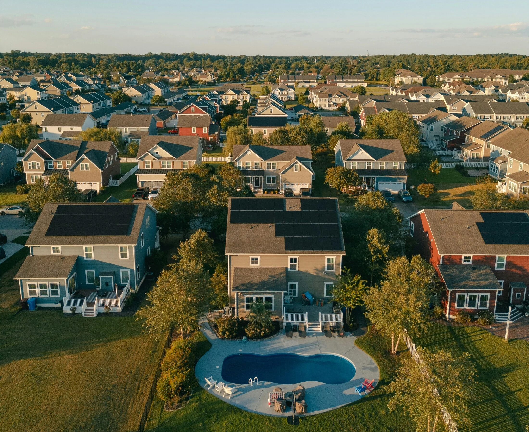 aerial view of neighborhood rooftops 