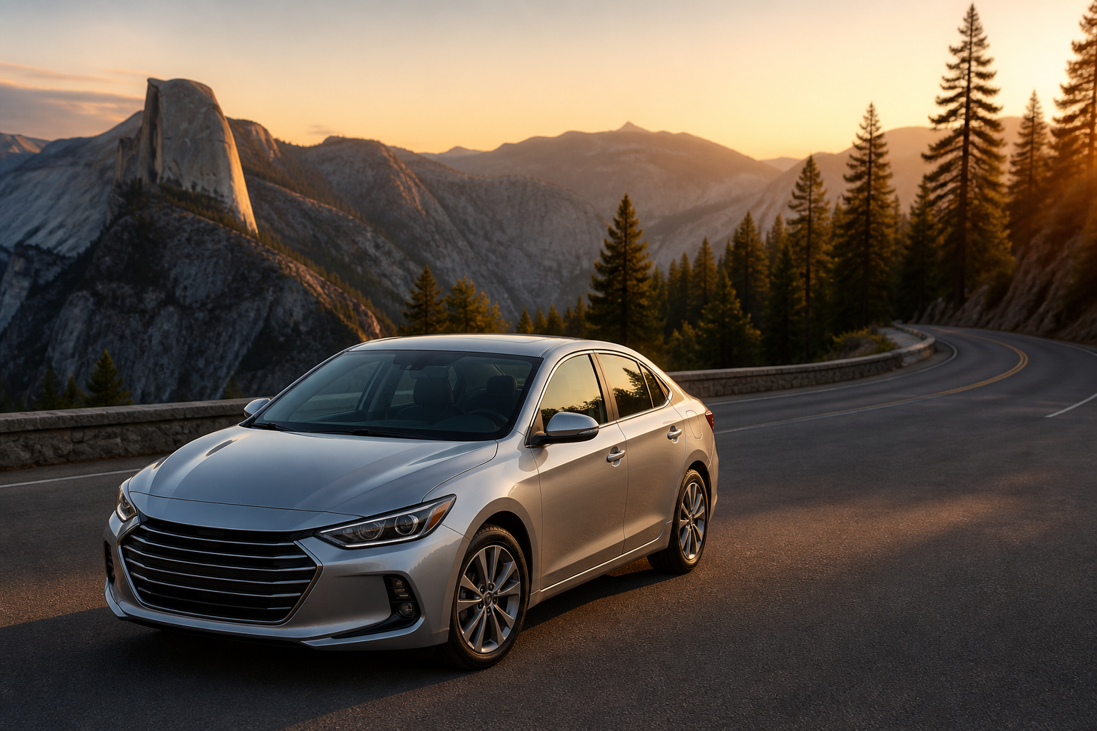 Silver sedan on an open mountain highway at sunset, representing affordable auto insurance coverage