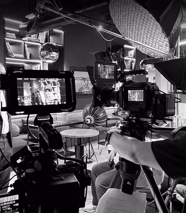 Tournage en studio avec plusieurs caméras, éclairages et une personne ajustant un équipement.