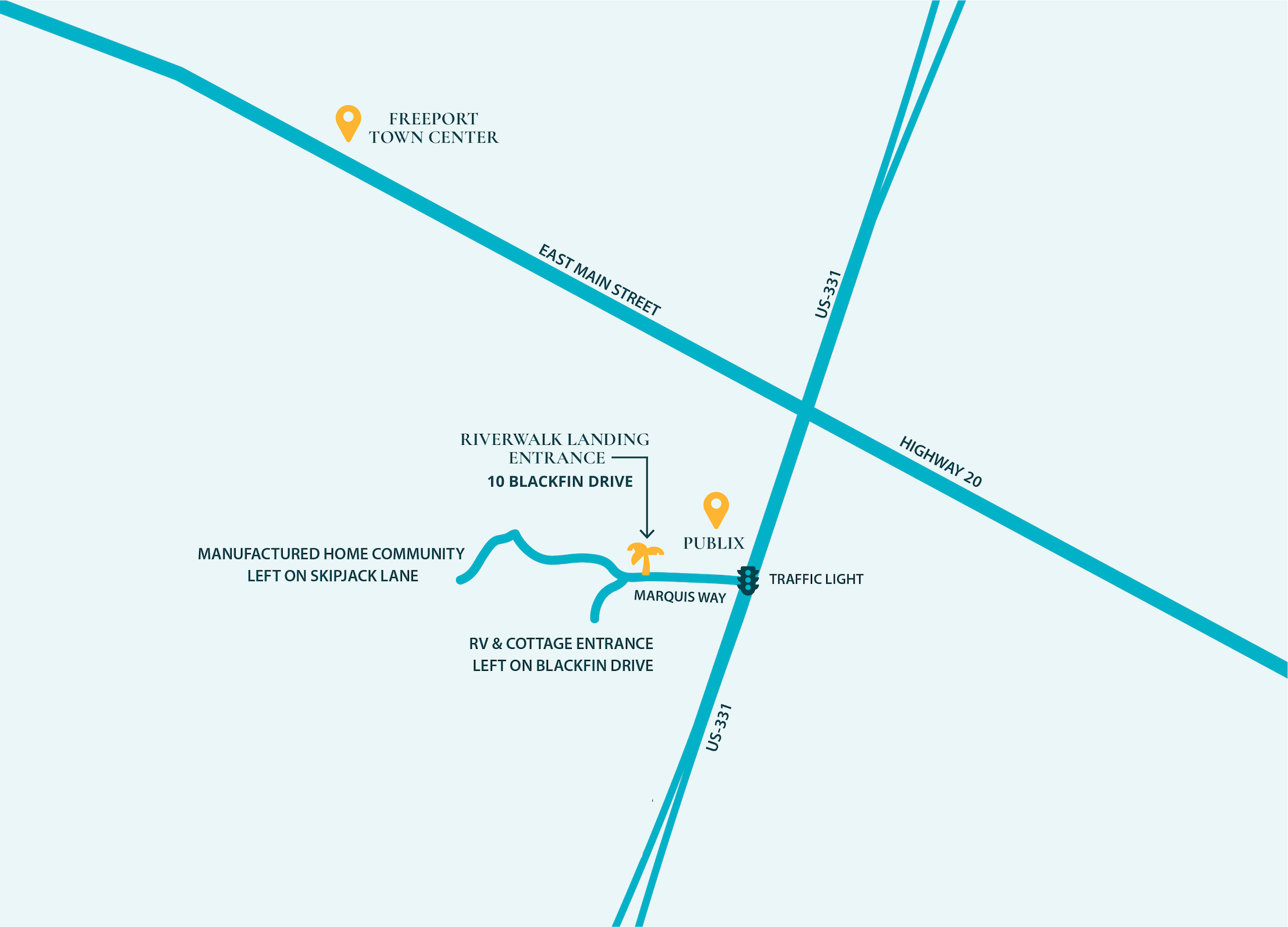 Map showing entrance to Riverwalk Landing Resort