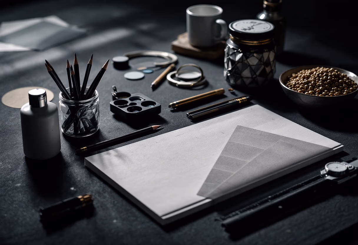 [background image] image of art supplies on a desk (for a graphic design studio)