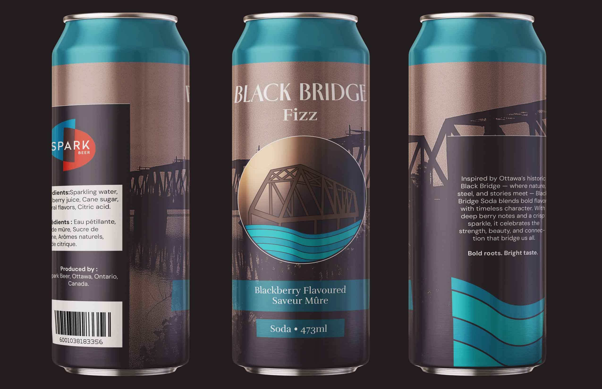 Black Bridge Fizz soda can design.
