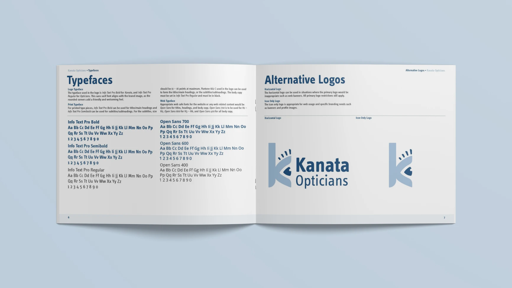 Open booklet showing typeface samples and guidelines on the left page and alternative Kanata Opticians logos on the right page.