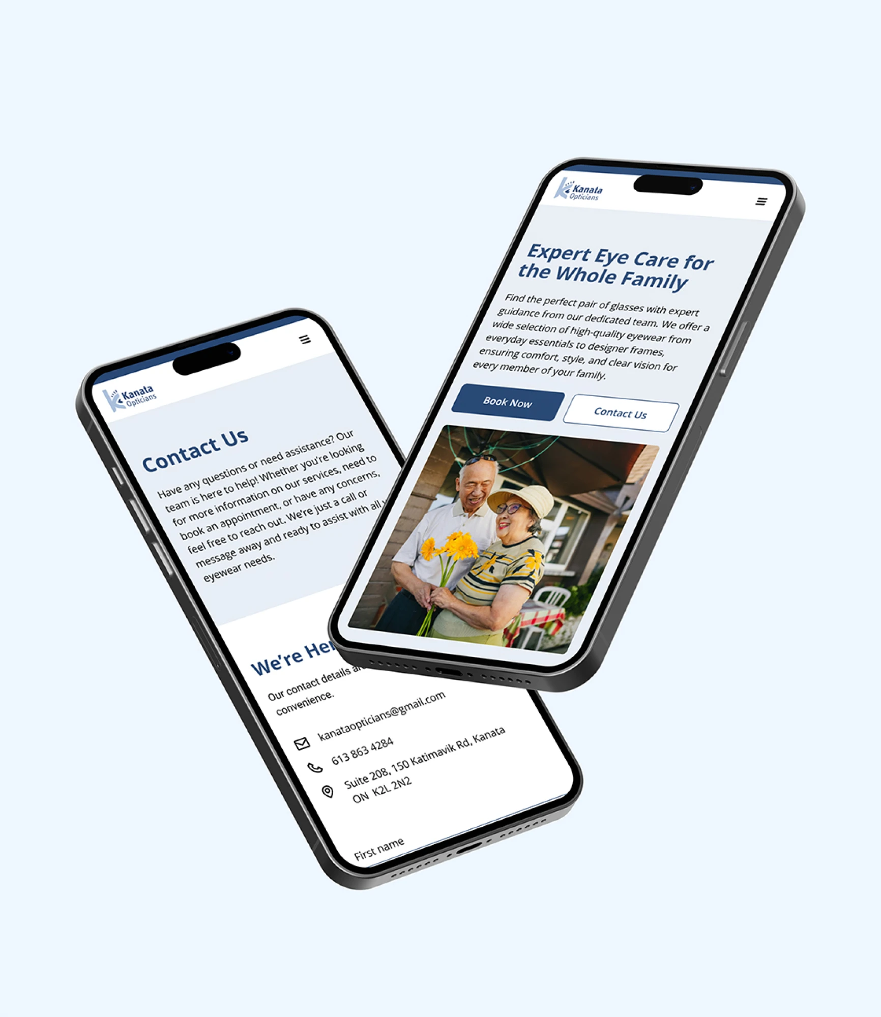 Two smartphones displaying a website for Kanata Opticians, one showing a senior couple with flowers and eye care text, the other showing contact information.