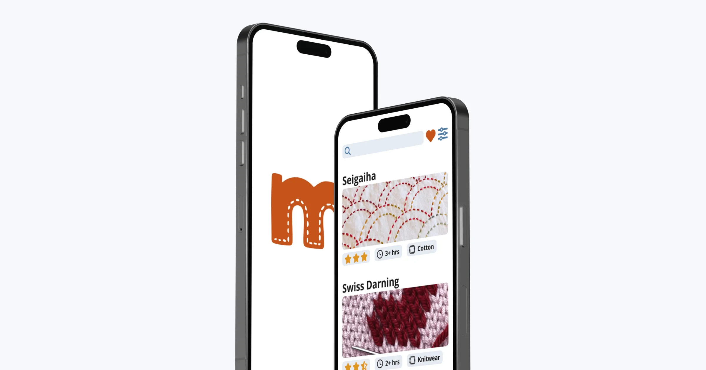 Two smartphones displaying a clothing mending app with patterns named Seigaiha and Swiss Darning, showing estimated time and material tags.