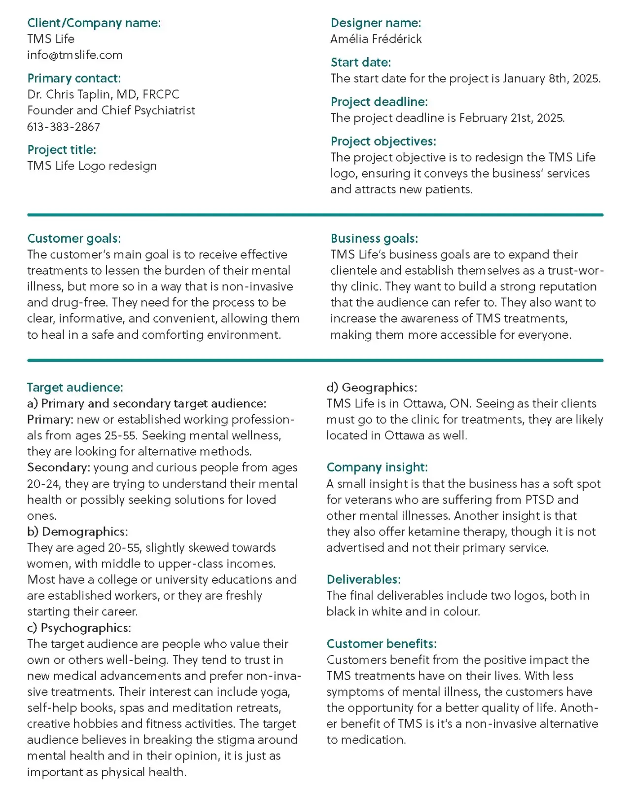 Research brief outlining TMS Life logo redesign project details, including client and designer names, project timeline, goals, target audience, demographics, psychographics, company insights, deliverables, and customer benefits.